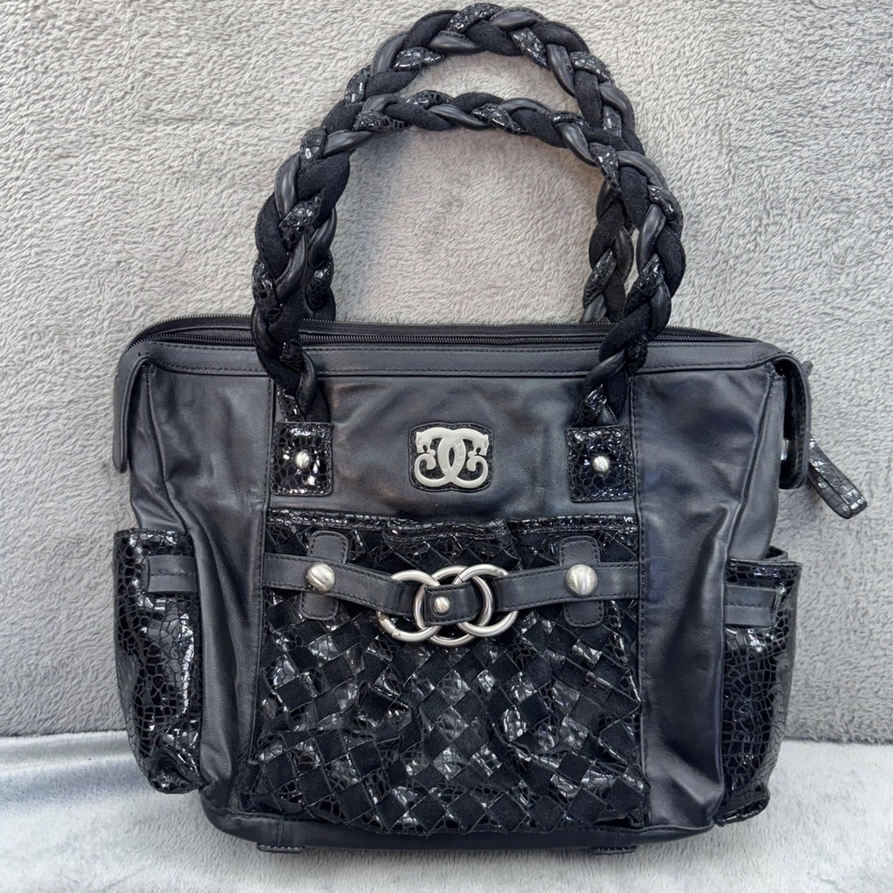 Sharif Leather Tote Bag Womens Medium Black Excellent Woven Croc Embossed Trim - Picture 2 of 13